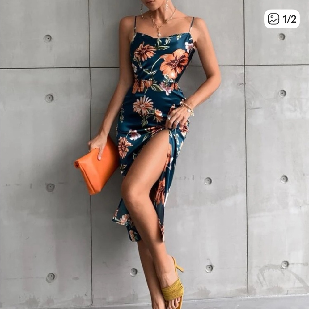SHEIN Teal Floral Midi Dress